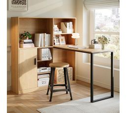 Bureau Avec Armoire De Rangements, Finition Bois Naturel Et Piétement Métal
